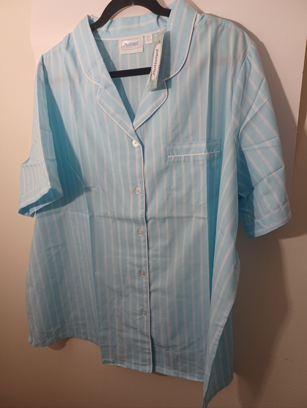 National Light Blue/White Striped Short-Sleeve Button-Down Pajamas Set 3X